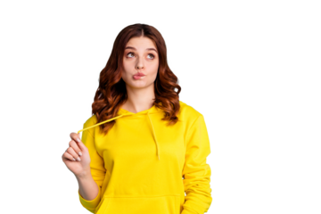 Photo of pensive creative trendy thinking youngster recollecting exam schedule while biting lips looking up in brainstorming isolated over turquoise vivid color background