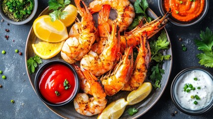 A high-angle view of a seafood barbecue feast featuring large grilled shrimp on a platter, surrounded by dipping sauces and colorful side dishes.