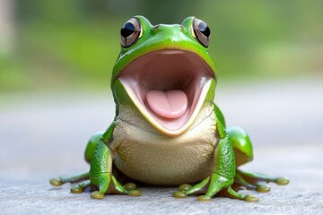 Closeup of a Green Frog with Open Mouth on Gray Surface, Generative AI.