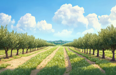 Naklejka premium scenic view of vineyard rows with olive trees in middle, under bright blue sky with fluffy clouds. landscape is lush and vibrant, evoking sense of tranquility and natural beauty
