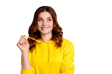 Photo of white curly cheerful cute nice sweet charming fascinating millennial biting lover lip planning creative sly idea isolated over turquoise vibrant color background