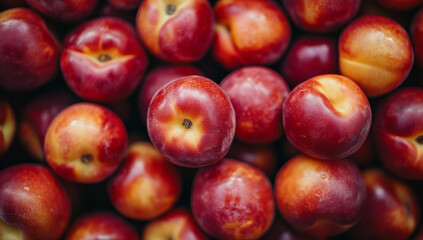 Fresh, ripe nectarines with vibrant red and yellow hues are piled together, showcasing their smooth skin and juicy texture. Perfect for healthy snack or dessert