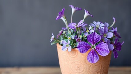 Elegant Purple Polemonium and Potentilla in Etched Clay Pot