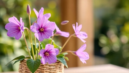 Elegant Purple Eustoma in Woven Reed Pot,  Perfect for a Spring Display.