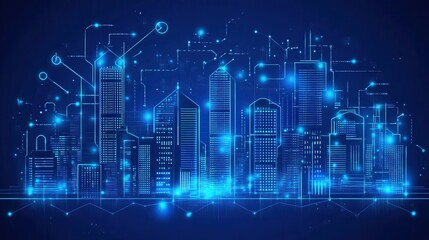 Obraz premium A futuristic city skyline with glowing blue lights and circuit-like patterns, representing technology and innovation in urban environments.