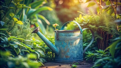 Rustic Blue Metal Watering Can in a Vibrant Garden Setting A Vintage Charm for Outdoor Spaces