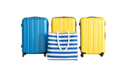 Colorful luggage set with striped beach bag