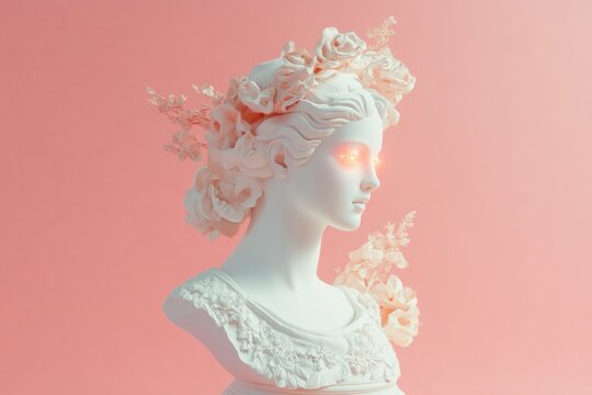 Plaster Bust of a Woman With Digital Glitch Effects Against a Pink Background