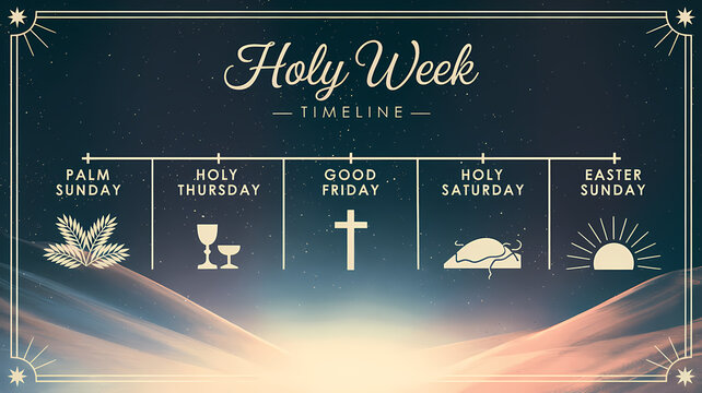 A timeline visually representing Holy Week events, from Palm Sunday to Easter, with corresponding Christian symbols like a chalice, cross, and palm leaves.