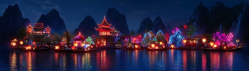 Obraz premium Floating Chinese Village at Night, Illuminated by Lanterns, Scenic View