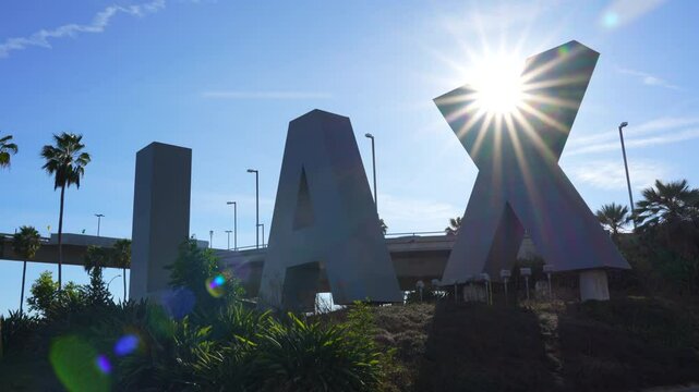 Los Angeles, California - January 6, 2025: Close-up of the iconic LAX sign at the Los Angeles International Airport, set on a green lawn under a clear blue sky on a sunny day.