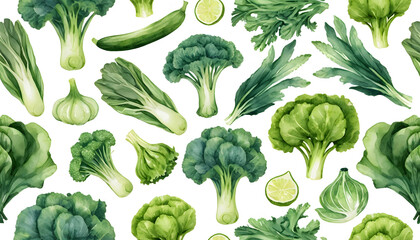 Watercolor Green Vegetable Seamless Pattern: Bok Choy, Broccoli, Cucumber, and Herbs