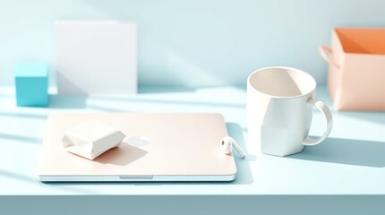 Minimalist workspace with laptop, mug, and stationery.