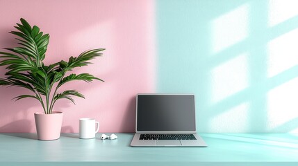 Minimalist workspace with laptop, plant, and cup on a pastel-colored desk.
