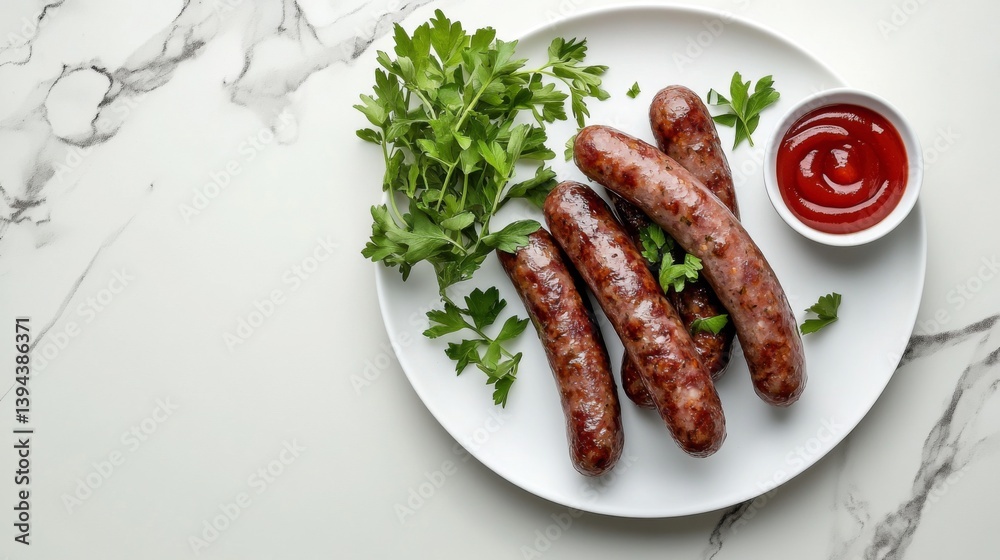 Poster a minimalist presentation of sausages arranged neatly on a white plate, garnished with fresh herbs a