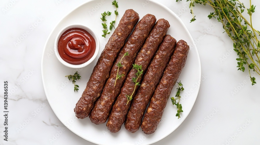 Poster a minimalist presentation of sausages arranged neatly on a white plate, garnished with fresh herbs a
