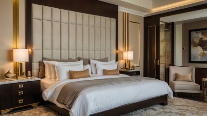 Elegant Hotel Bedroom: Neutral tones and gold accents create a refined, luxurious sleeping space.

