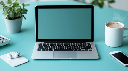 Fototapeta premium Modern laptop on a teal desk with a coffee mug, plants, and earbuds. Empty screen.