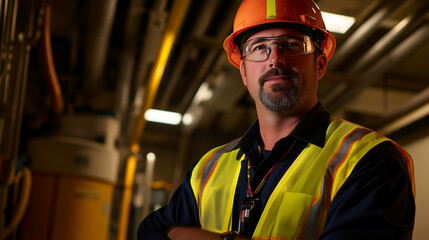 Industrial engineer in safety gear exudes confidence, embodying workplace professionalism and resilience.