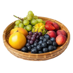 Fresh assorted fruits including grapes, apples, and strawberries in a wicker basket, isolated on transparent background, cutout png