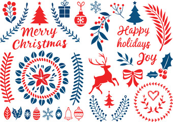 Festive Christmas Holiday Vector Icons Set with Snowman, Gift Boxes, Christmas Trees, Sleigh, and Decorative Elements in Red and Teal Color Palette