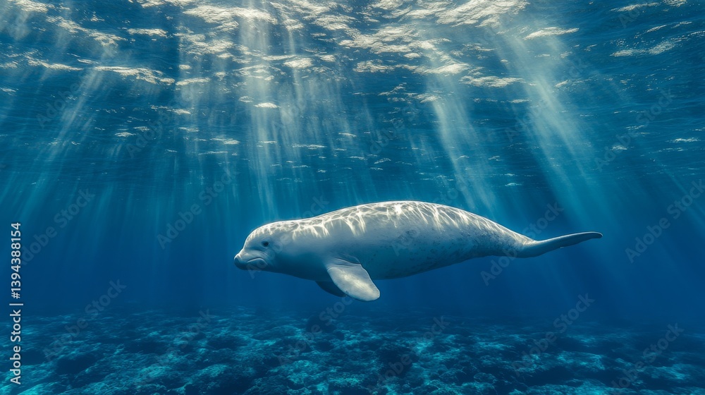 Poster a panoramic view of a dugong swimming gracefully through the open ocean, with rays of sunlight penet