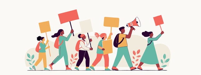 Colorful Illustration of Diverse Group of People Protesting with Banners and Megaphones in Peaceful Activist March for Social Change and Equality