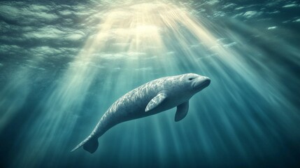 Naklejka premium A panoramic view of a dugong swimming gracefully through the open ocean, with rays of sunlight penetrating the surface, enhancing the tranquility of the scene.