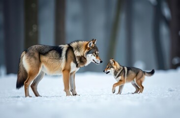 Naklejka premium Wolf mother with playful pup in snowy forest