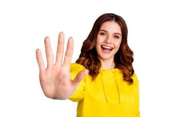 Photo of sweet pretty cute nice cheerful charming curly wavy white youngster willing to give you high five smiling beaming toothily isolated turquoise color background