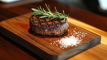A perfectly grilled medium-rare steak with grill marks, served on a rustic wooden cutting board, garnished with rosemary and a sprinkle of coarse sea salt.