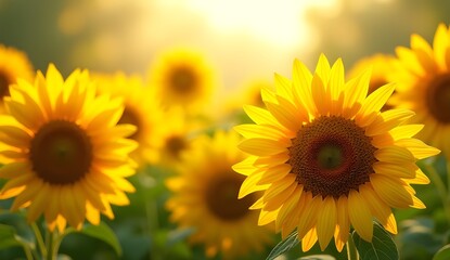 Fototapeta premium Golden sunflowers with rich brown centers on soft green background