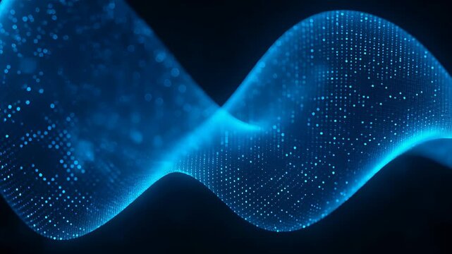 Abstract Blue Digital Waves with Glowing Particles Flowing Through Dark Background

