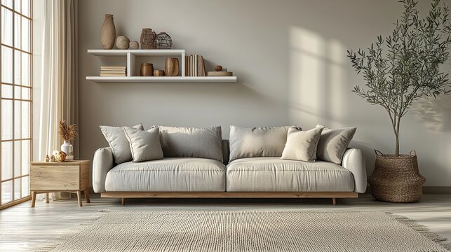 Modern, minimalist living room with a light beige sofa, wooden furniture, and a shelf with decorative items. Sunlight streams through large windows. Neutral color palette.