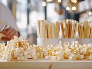 Heap of Raw Pasta Shavings on Light Brown Wooden Table With Blurred Background Indoors in Restaurant with Person Preparing Food in Culinary Art