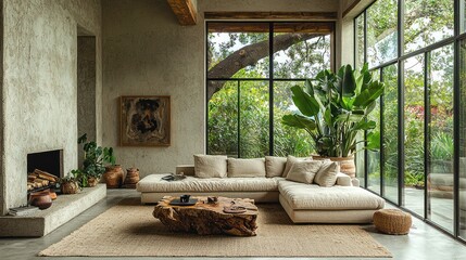 Modern, minimalist living room with large windows showcasing a lush garden.  Neutral color palette, concrete walls, natural wood accents, and a comfortable sectional sofa.