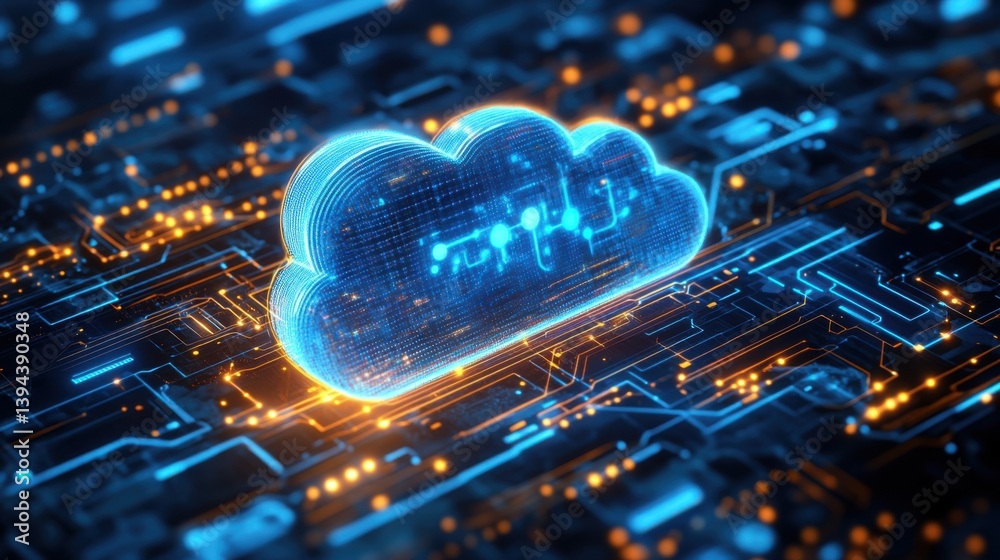 Poster a glowing cloud icon surrounded by intricate circuit patterns, symbolizing cloud computing and digit