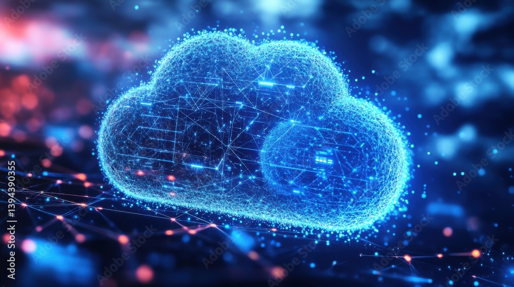 Poster a digital representation of a cloud, composed of interconnected nodes and lines, symbolizing data co