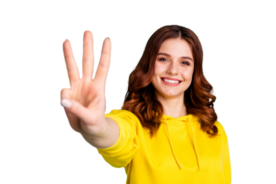 Photo of wavy curly charming fascinating gorgeous girlfriend smiling toothily showing you three fingers sign isolated over turquoise vivid color background