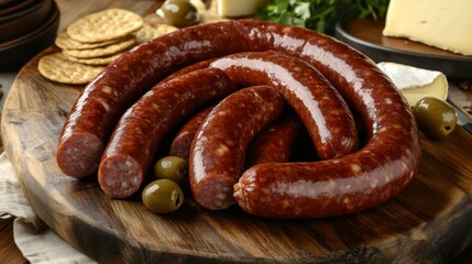 A platter of smoked sausages, arranged on a wooden board with cheese, olives, and crackers, creating a charcuterie-style spread for an elegant presentation.
