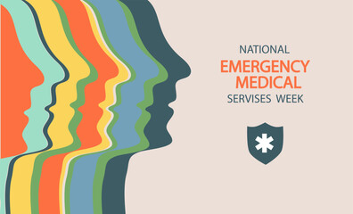 National Emergency Medical Services Week banner with colorful persons profile, medical assistance appreciation poster. vector hand drawn flat line art illustration