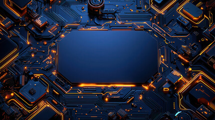 Fototapeta premium Futuristic navy blue circuit board with glowing orange neon accents, showcasing central blank space for text or design