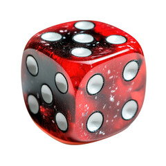 Red translucent six-sided die with white dots isolated on transparent background, cutout png