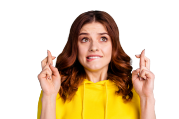 Photo of stylish trendy wavy curly scared fearful girl anticipating in bad mood wearing yellow sweater sweatshirt biting her lips isolated over turquoise vivid color background