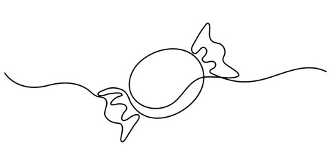Candy in one continuous line drawing. Minimalist design for sweets and dessert themes. One continuous line illustration of a candy. Simplified hand-drawn illustration for treats and celebrations.