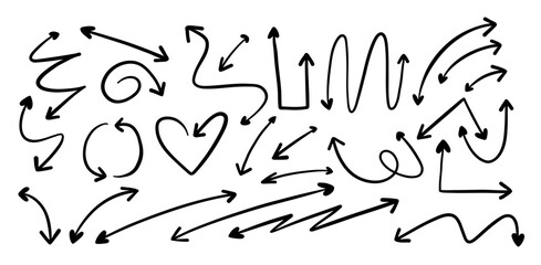 Hand Drawn Curved and Decorative Arrow. A collection of 26 playful hand drawn arrows including curly swirls loops hearts zigzags and directional markers perfect for creative and casual layouts