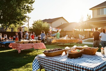 Outdoor Party Featuring Plaid Tables and Diverse Food Selection in a Sunny Backyard with a Cheerful Atmosphere and Gathering of People on Green Lawn