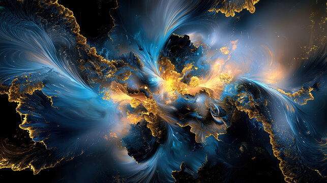 Abstract navy and gold artwork with swirling patterns and glowing textures, evoking sense of cosmic energy