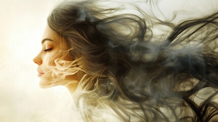 Fototapeta premium A serene profile of a woman with flowing hair, surrounded by wisps of smoke, conveying a sense of tranquility and dreaminess.