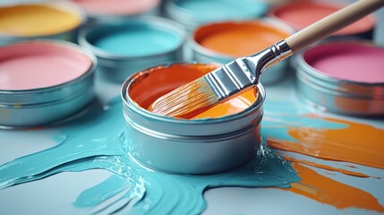 Paintbrush in vibrant paint cans.